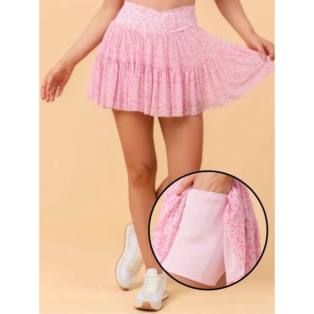 NWT Blogilates Ballerina Skort Skirt Womens Small Pink Floral Tiered Mesh Ballet